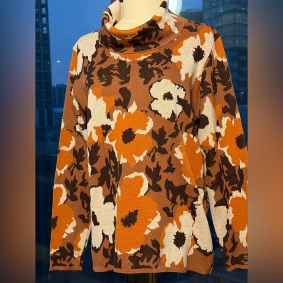 🆕 FARM Rio 🧿 NWOT Retro Flowers Turtleneck, Orange & Brown - Picture 10 of 13